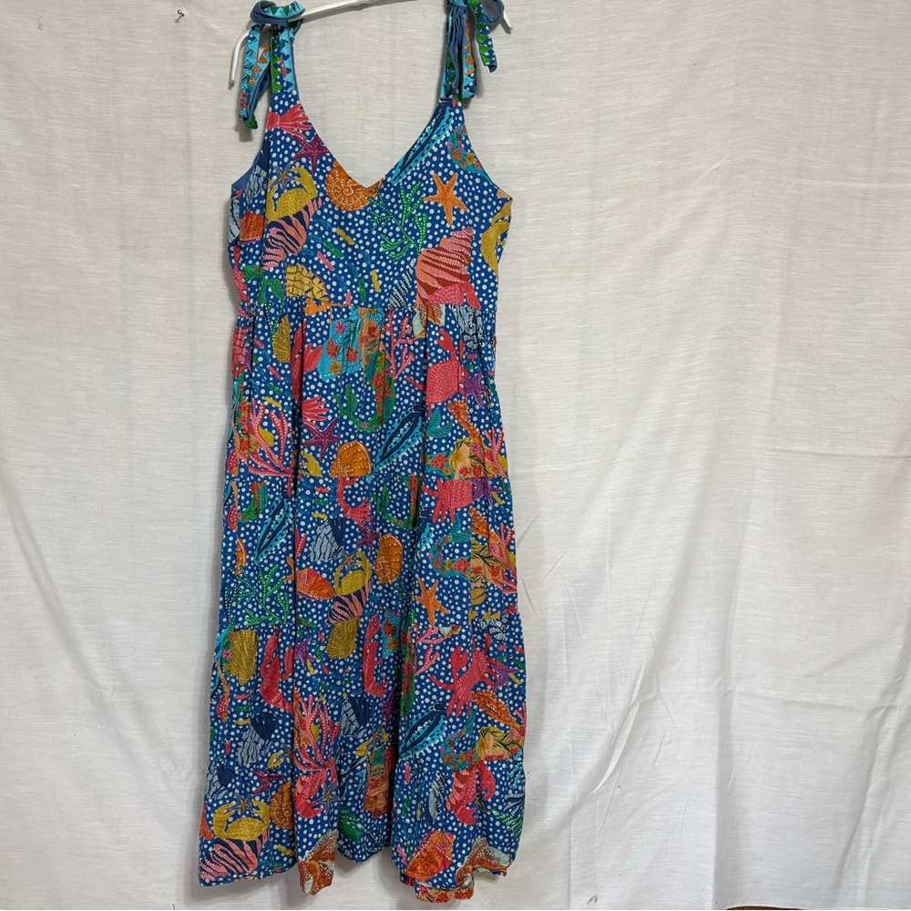 Briton Court Seashell Print Tie Strap Midi Dress Size M Coastal Resort